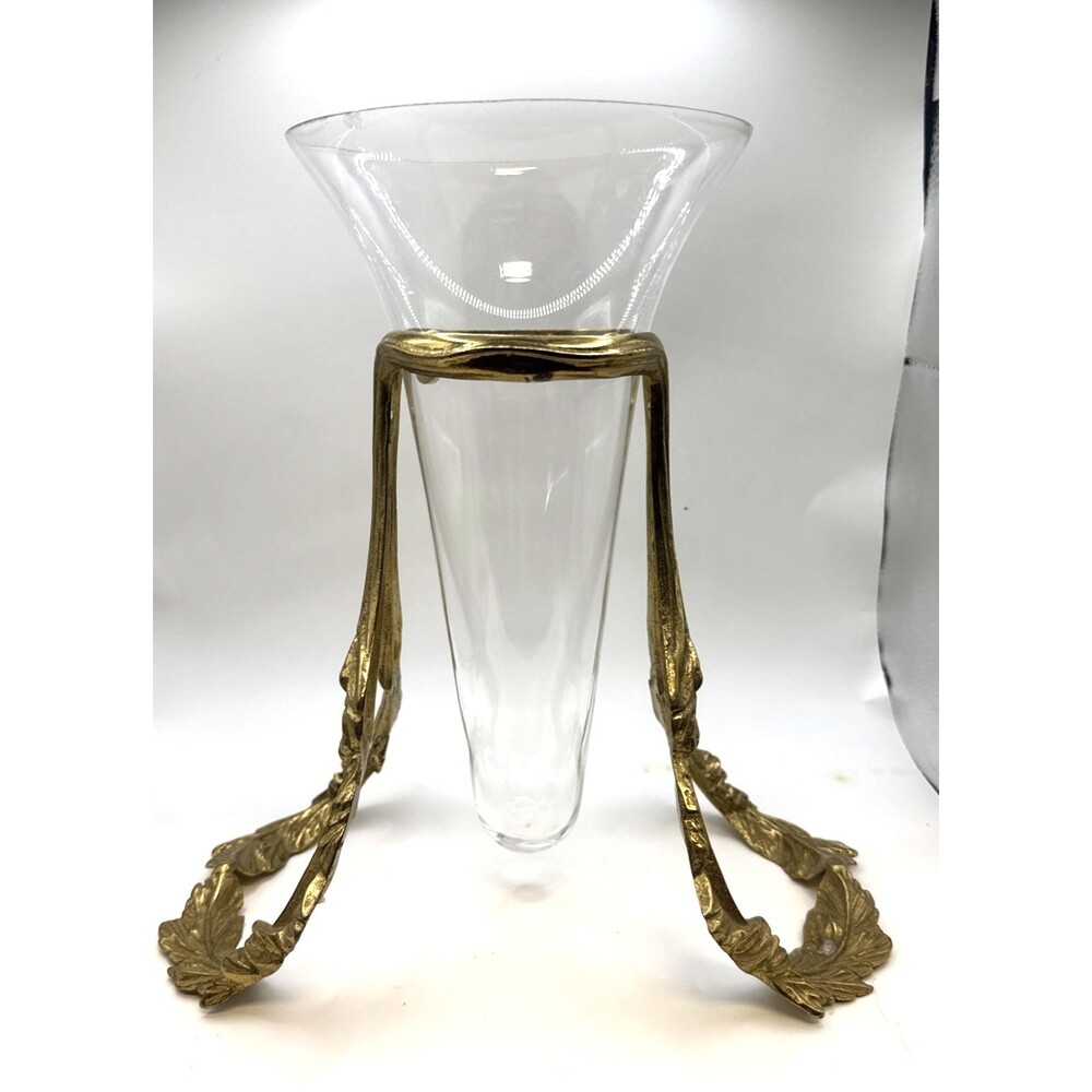 VTG Empergne Floating Glass Vase w/Ornate Gold Leaf Stand by Bombay 11”Tall